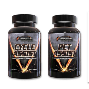 Two bottles of Cycle Assist and PCT Assist supplements on a white background