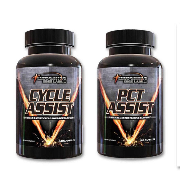 Two bottles of Cycle Assist and PCT Assist supplements on a white background