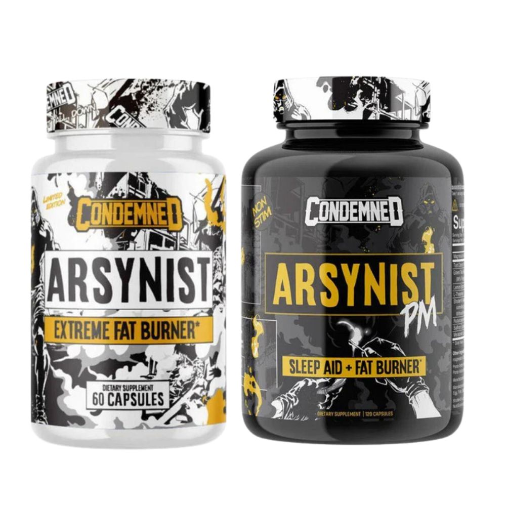 Two Condemned brand supplement bottles on a white background: a white bottle labeled ARSYNIST Extreme Fat Burner with 60 capsules, and a black bottle labeled ARSYNIST PM Sleep Aid + Fat Burner.