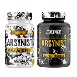 Two Condemned brand supplement bottles on a white background: a white bottle labeled ARSYNIST Extreme Fat Burner with 60 capsules, and a black bottle labeled ARSYNIST PM Sleep Aid + Fat Burner.