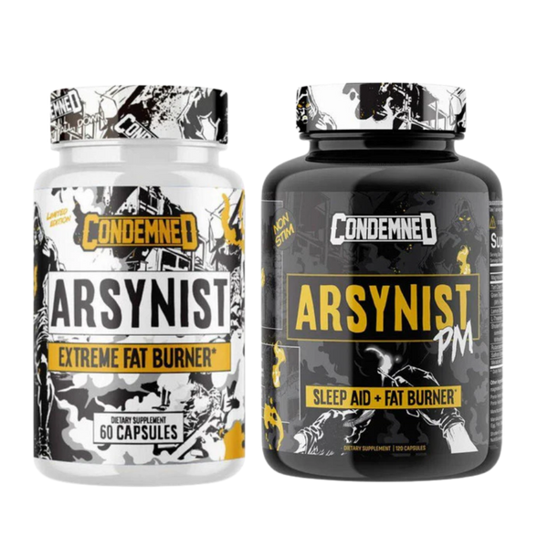 Two Condemned brand supplement bottles on a white background: a white bottle labeled ARSYNIST Extreme Fat Burner with 60 capsules, and a black bottle labeled ARSYNIST PM Sleep Aid + Fat Burner.