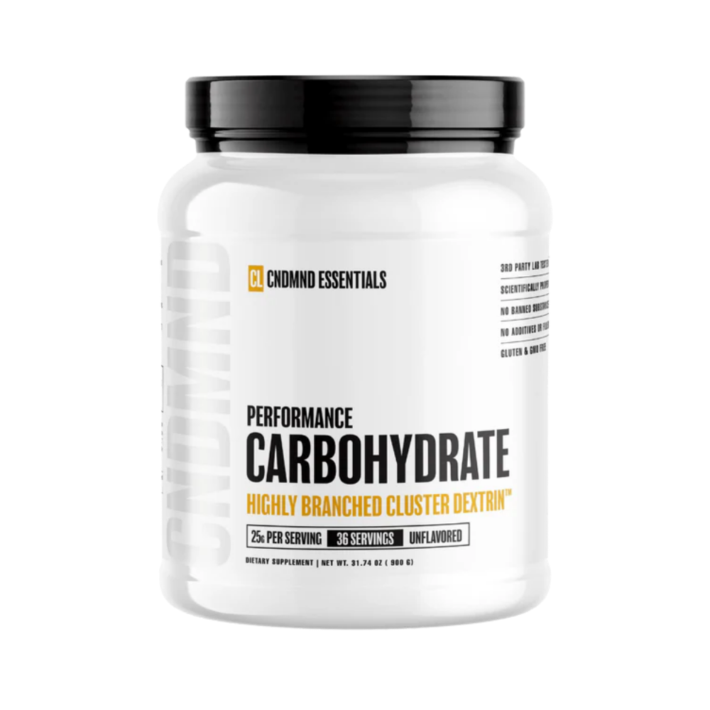 Supplement container labeled 'Performance Carbohydrate' by Condemned Labz on a white background