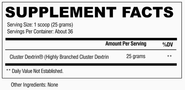 Supplement facts for condemned labz performance carbohydrate label for a product with Cluster Dextrin on a white background