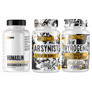 Three supplement bottles labeled 'HUMASLIN', 'ARSYNIST', and 'THYROGENIC' on a white background.