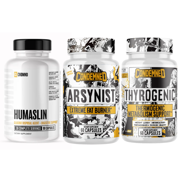 Three supplement bottles labeled 'HUMASLIN', 'ARSYNIST', and 'THYROGENIC' on a white background.