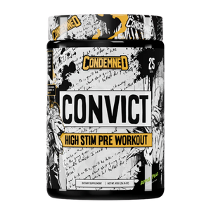 Condemned Convict High Stim Pre Workout supplement container on a white background in the apple pear flavor