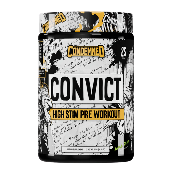 Condemned Convict High Stim Pre Workout supplement container on a white background in the apple pear flavor