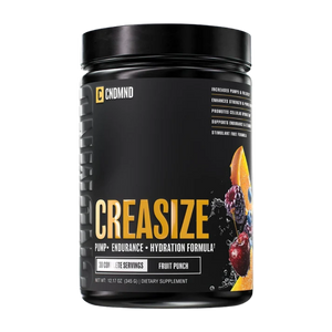 A black tub of CNDMND Creasize dietary supplement powder on a solid white background.