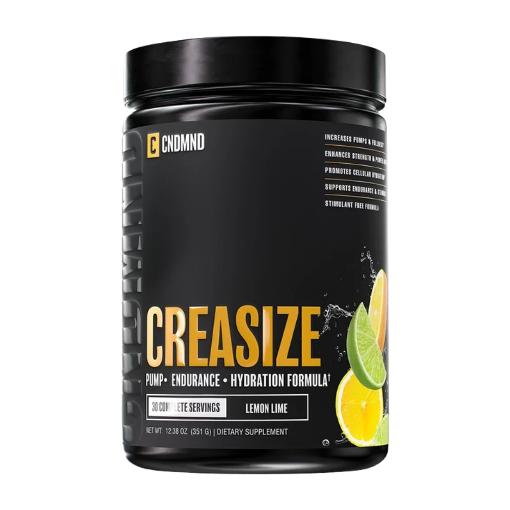 A black tub of CNDMND Creasize dietary supplement powder on a solid white background.