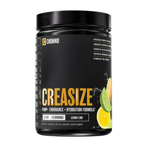 A black tub of CNDMND Creasize dietary supplement powder on a solid white background.