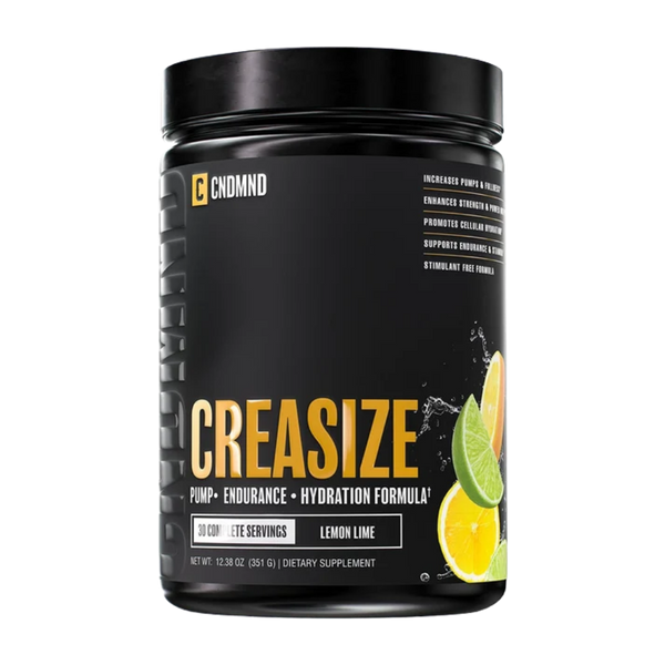 A black tub of CNDMND Creasize dietary supplement powder on a solid white background.