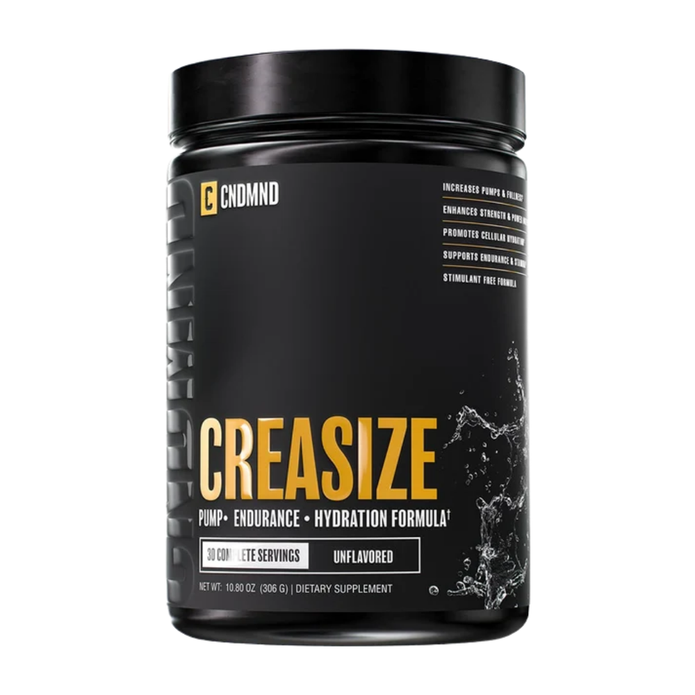 A black tub of CNDMND Creasize dietary supplement powder on a solid white background.