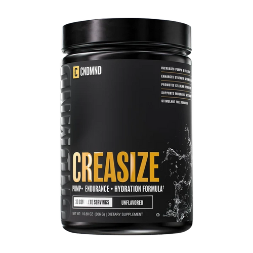 A black tub of CNDMND Creasize dietary supplement powder on a solid white background.