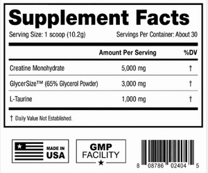 A black and white Supplement Facts label showing creatine monohydrate, GlycerSize™ (65% Glycerol Powder), and L-Taurine amounts per serving, along with Made in USA and GMP Facility badges and a barcode.