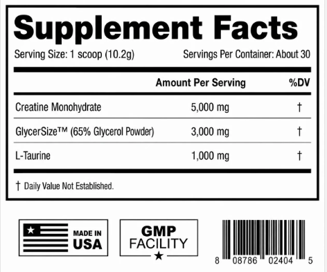 A black and white Supplement Facts label showing creatine monohydrate, GlycerSize™ (65% Glycerol Powder), and L-Taurine amounts per serving, along with Made in USA and GMP Facility badges and a barcode.