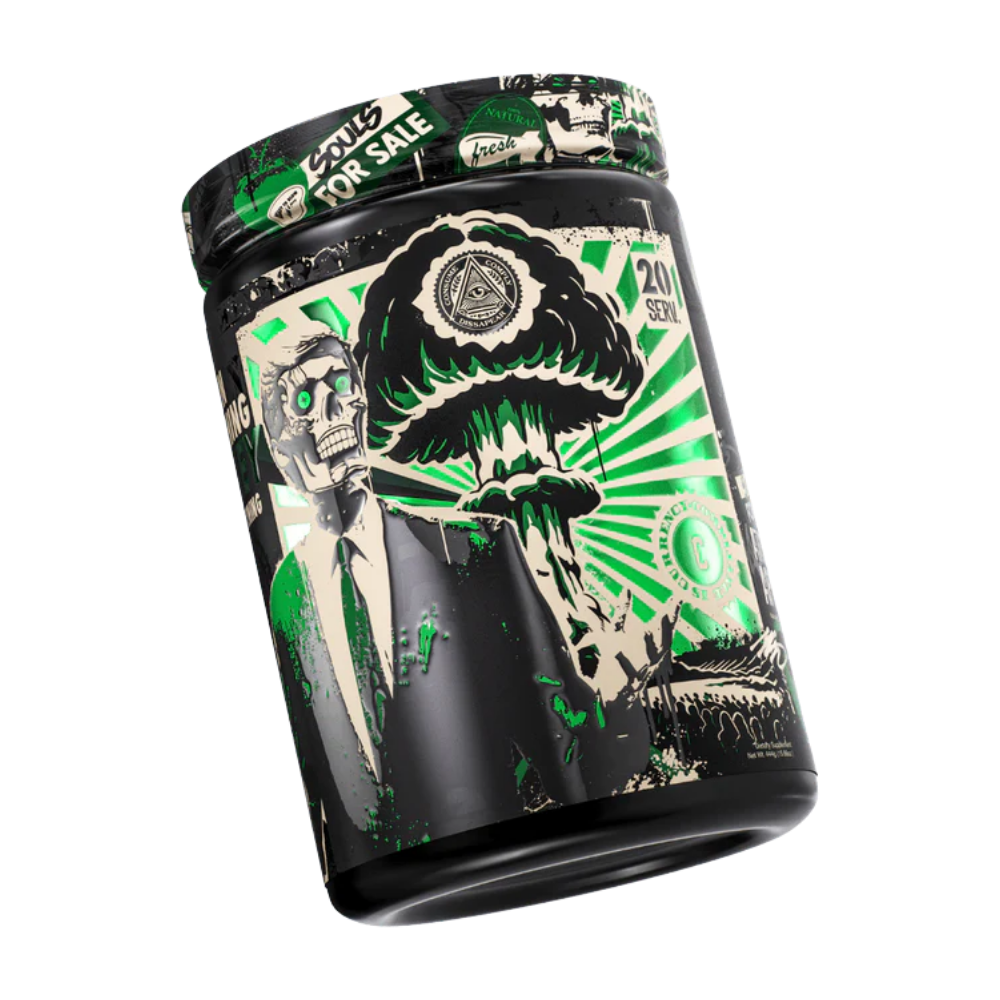 Black container with green and white graphic design on a white background
