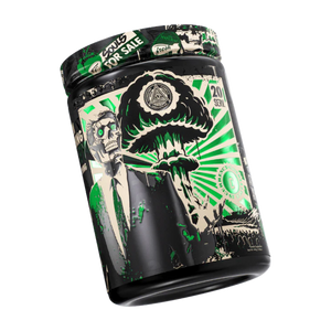 Black container with green and white graphic design on a white background