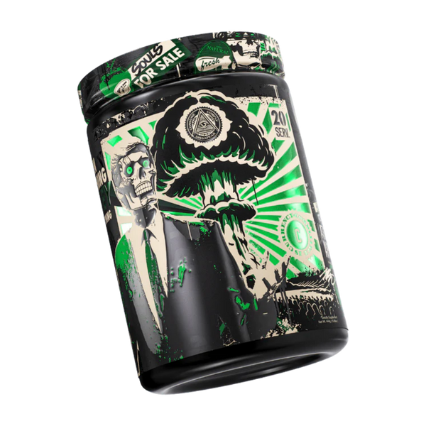 Black container with green and white graphic design on a white background