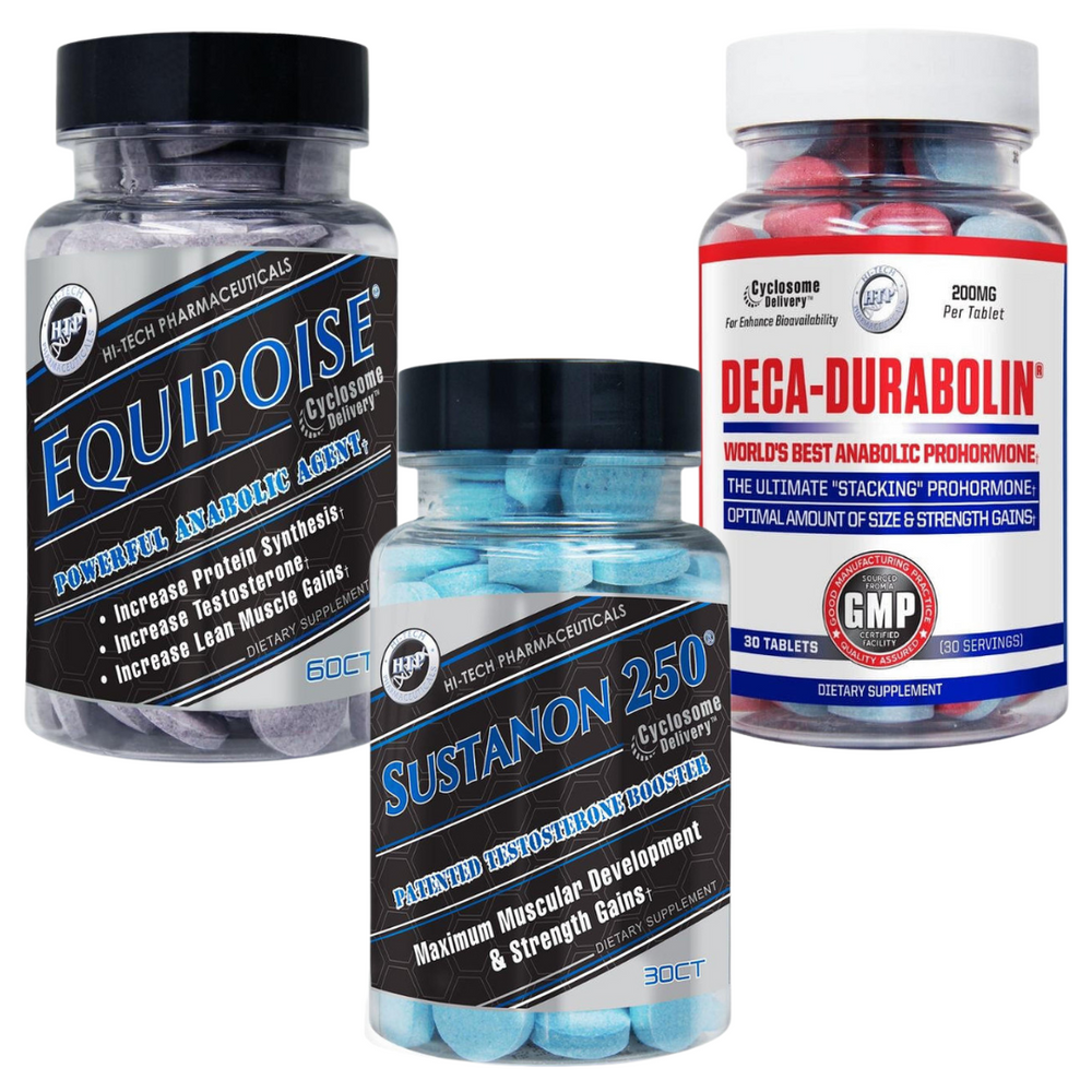 Three supplement bottles labeled Equipoise, Sustanon 250, and Deca-Durabolin on a white background.