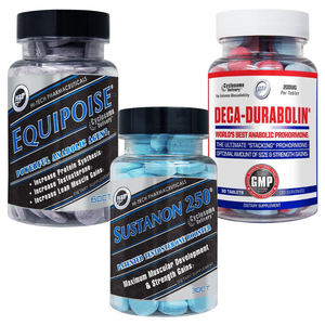 Three supplement bottles labeled Equipoise, Sustanon 250, and Deca-Durabolin on a white background.