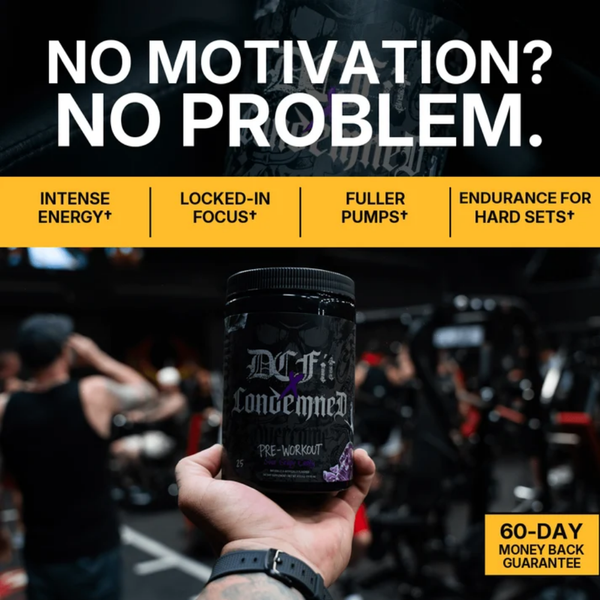 A hand holds a black tub of BCFit Londenmed pre-workout in a gym setting, with bold text at the top reading 'NO MOTIVATION? NO PROBLEM.' and feature callouts on a yellow band, plus a '60-DAY MONEY BACK GUARANTEE' badge.
