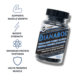 Hi-Tech Pharmaceuticals Dianabol bottle on a white background with a list of 4 highlights.