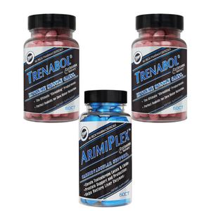 Two bottles of Trenabol and one bottle of Arimiplex on a white background