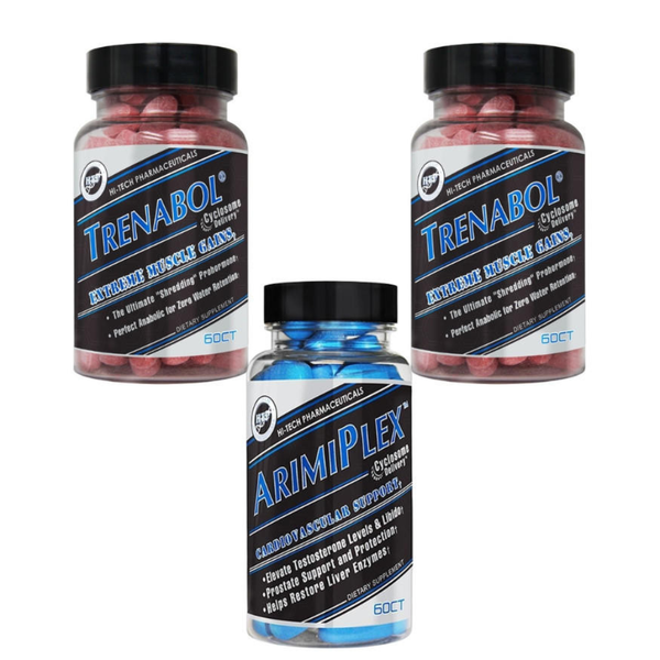 Two bottles of Trenabol and one bottle of Arimiplex on a white background