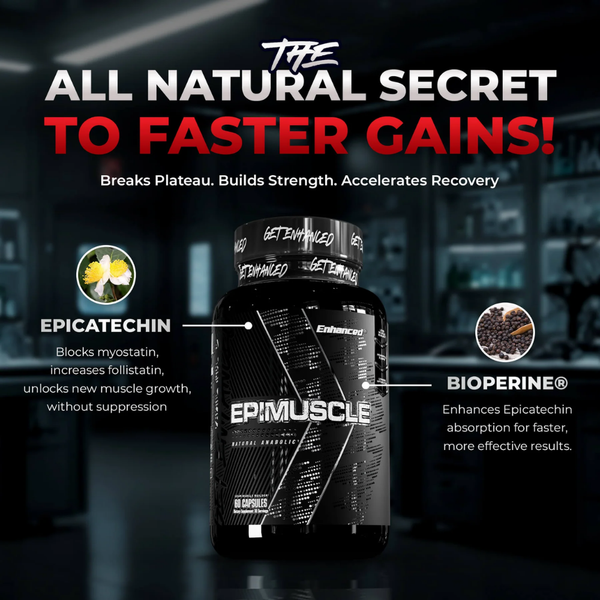 Enhanced Epimuscle 60c ingredient facts and information on a dark background