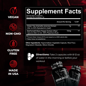 Enhanced Epimuscle 60c supplement facts and directions on a red background