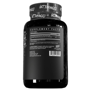 Enhanced Epimuscle 60c supplement facts listed on the side of the bottle on a white background