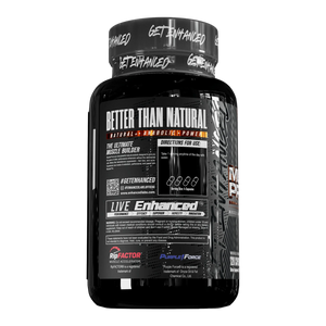 Enhanced Muscle Pro 120 Capsules product information on the side of the bottle on a white background.