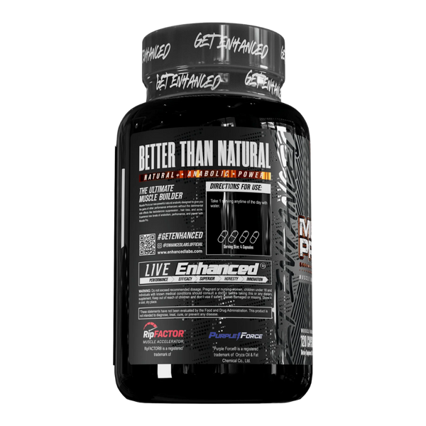 Enhanced Muscle Pro 120 Capsules product information on the side of the bottle on a white background.