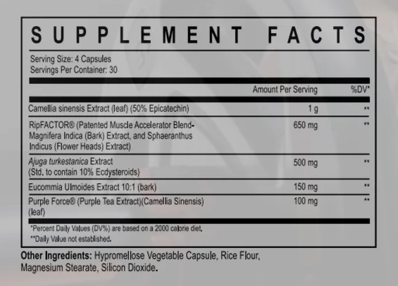 Enhanced Muscle Pro 120 Capsules supplement facts on a white background.