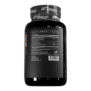 Enhanced Muscle Pro 120 Capsules supplement facts listed on the bottle on a white background