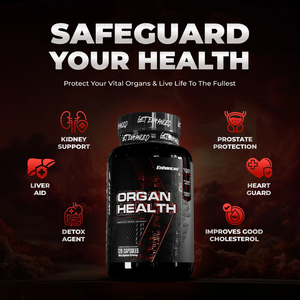 Enhanced Organ Health supplement bottle with icons highlighting kidney, liver, digestive, prostate, heart, and cholesterol support.