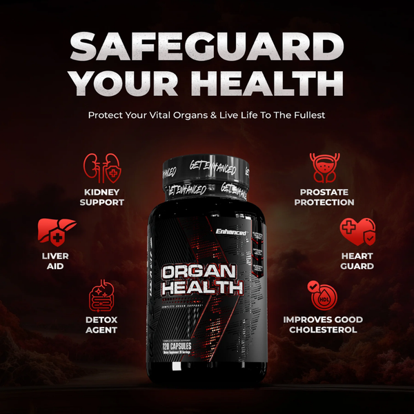 Enhanced Organ Health supplement bottle with icons highlighting kidney, liver, digestive, prostate, heart, and cholesterol support.
