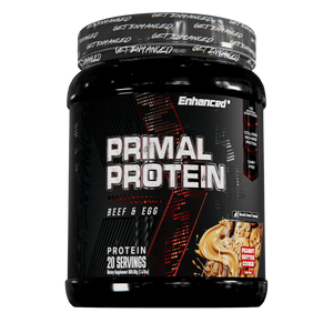 Enhanced Primal Protein 20 Servings tub in the peanut butter cookie flavor on a white background