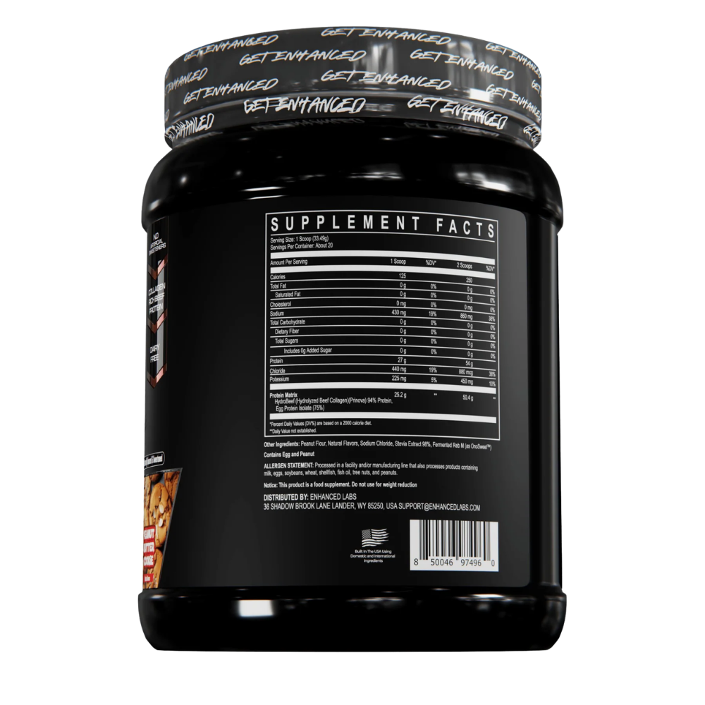 Enhanced Primal Protein 20 Servings tub in the peanut butter cookie flavor on a white background
