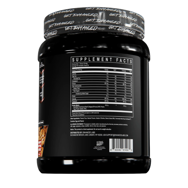 Enhanced Primal Protein 20 Servings supplement facts on the side of the tub on a white background