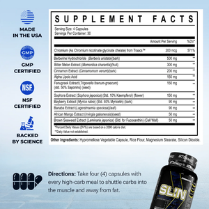 Enhanced Slin 120 Capsules supplement facts and directions listed on a white and blue background