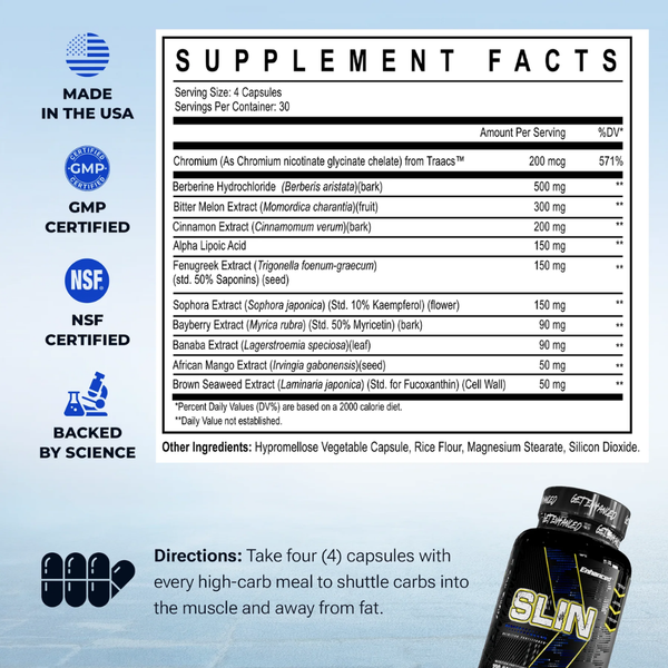 Enhanced Slin 120 Capsules supplement facts and directions listed on a white and blue background