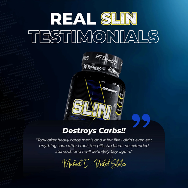 Enhanced Slin 120 Capsules Testimonial written on a blue background with the Enhanced Slin bottle in the center of the image.