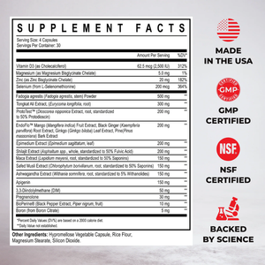 Enhanced Top T 120 Capsules supplement facts listed on a white background with company highlights listed on the right hand side