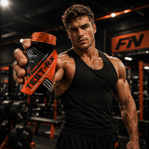 Muscular bodybuilder holding a bottle of Formutech Nutrition TEST-RX testosterone booster in a gym.
