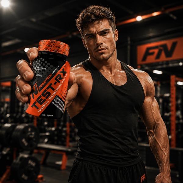 Muscular bodybuilder holding a bottle of Formutech Nutrition TEST-RX testosterone booster in a gym.