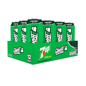 12-pack of Ghost 7UP energy drinks in a box on a white background