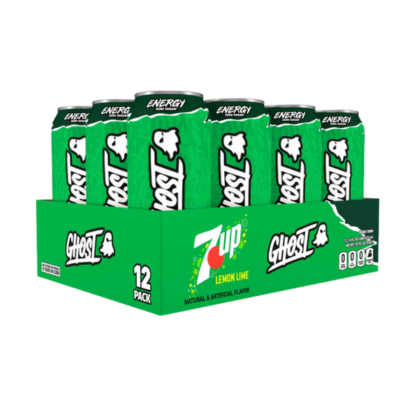 12-pack of Ghost 7UP energy drinks in a box on a white background