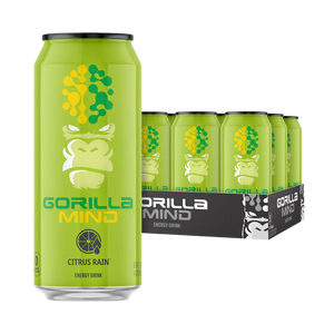 Green energy drink can with Gorilla Mind branding and a box of six cans on a white background