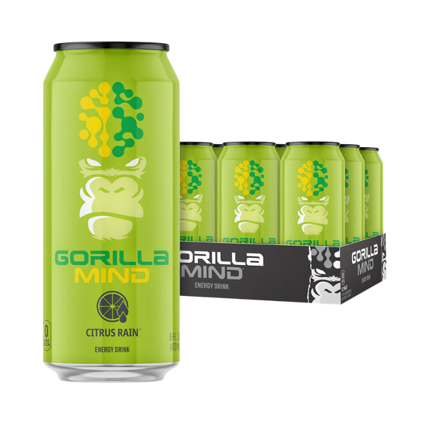 Green energy drink can with Gorilla Mind branding and a box of six cans on a white background